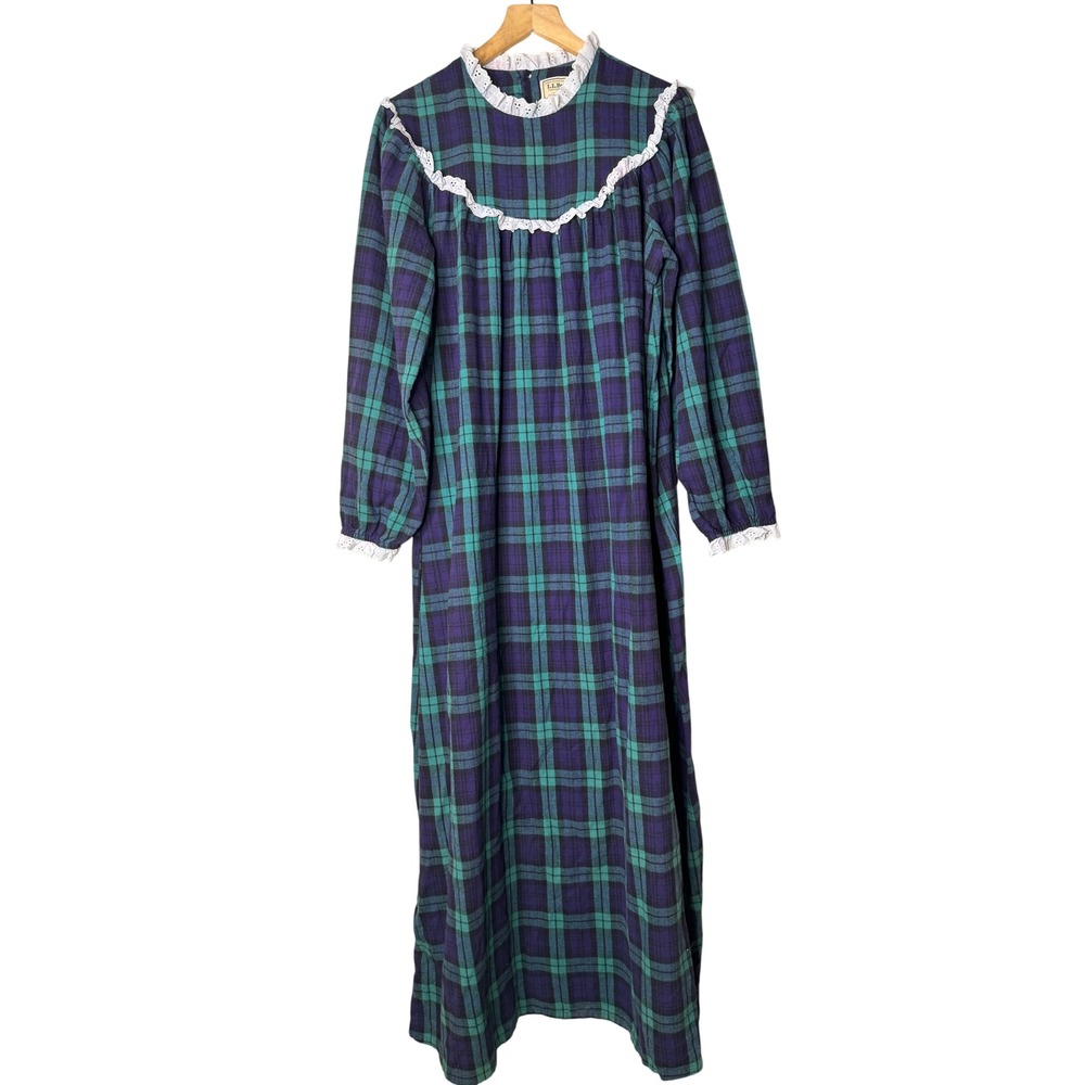 Vintage LL Bean by Lanz Flannel Nightgown XL Plaid Eyelet Lace Purple Green USA